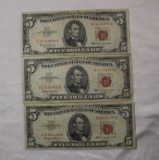 (3) 1963 $5 US Red Seal Notes