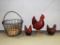 Wire Egg Basket With Vintage Plastic Roosters & Hens