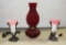 Ruby Glass Oil Lamp & 2 New Electric Dresser Lamps