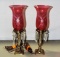 Pair Of Vintage Etched Cranberry Electric Lamps