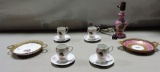 Victorian Porcelain Gold Gilt Metal Framed Plates & Chocolate Cups & Saucers