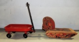 Wooden Vintage Rocking Horse & Red Small  Metal Doll Wagon