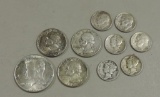 3 Roosevelt & 3 Mercury Head Dimes, 3 Washington Quarters & 1 Kennedy Half Dollar