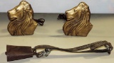 Pair Of TV Lion Head Plaster Lamps & Antique Cast Metal Cow Bell
