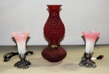 Ruby Glass Oil Lamp & 2 New Electric Dresser Lamps