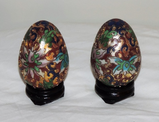 Pair of Cloisonné Eggs on Mahogany Pedestals