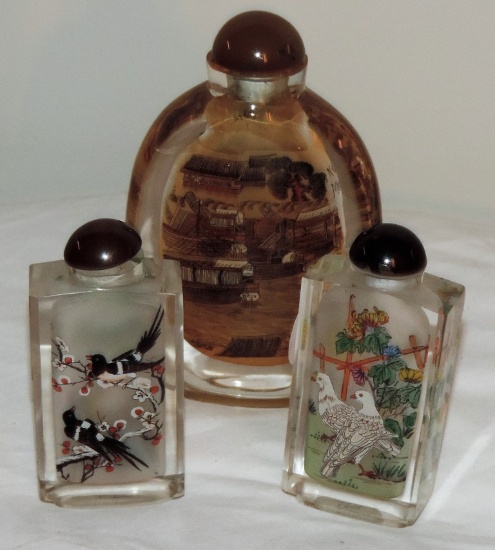 Lot of 3 Chinese Hand Colored Hand Painted Opium Bottles