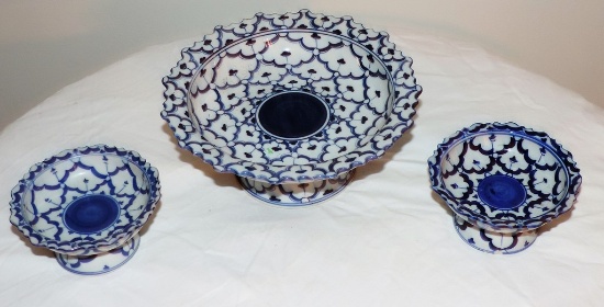 Lot of 3 Blue and White Compotes