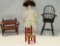 Porcelain Head Doll & Wood Doll Chairs