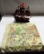 Carved Oriental Wood Ship & Silk Work Oriental Card Table Cover