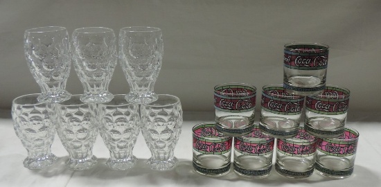 8 Vintage Coca-Cola Whiskey Glasses & 7 Thumbprint Design Tumblers