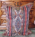 Small Turkish Caucasian Rug Sewn To Front Of Large Pillow
