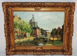 Leiden Netherlands Canal Scene By P. Zondervan Oil On Board Painting In Frame