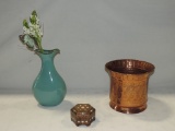 Embossed Copper Pot, Green Ceramic Vase & Inlaid Small Box
