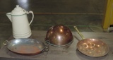 3 Pieces Vintage Copper Cookware & 1 Enamel Coffee Pot