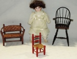 Porcelain Head Doll & Wood Doll Chairs