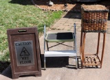 Wood Wet Floor Sign, Vintage Step Stool & Wicker Plant Stand