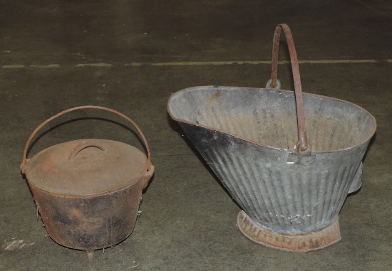 Antique Coal Bucket & 3 Leg Cast Iron Pot With Lid