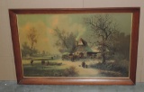 European Farm Scene Color Print In Walnut Frame