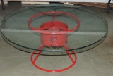 Red Painted Propane Cooker Stand Converted To Round Glass Coffee Table