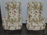 Pair Of Large Floral Pattern Upholstered High Back Wing Chairs