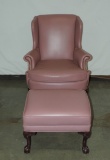 Mauve Leather Wing Chair With Matching Footstool