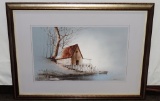 Oil On Canvas Boat House On Lake In Frame