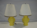 Pair Of Vintage Yellow Ceramic Lamps With Shades