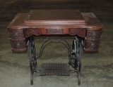 Antique Oak & Cast Iron Sewing Machine & Cabinet