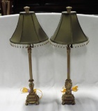 Pair Of Composition Gold Candlestick Style Table Lamps With Shades