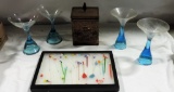 Brass Tea Box, 4 Art Glass Wines & Swizzle Stick Collection.