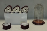 2 Glass Domes On Wood Bases & Heart-Shaped Gift Boxes