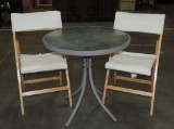 Small Aluminum Pebbled Glass Patio Table With 2 Folding Pine Chairs