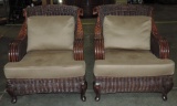 Pair Of Rattan/Wicker Armchairs With Taupe Color Fabric Covered Seats