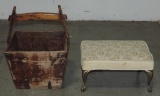 Antique Wood basket & Brass Footed Foot Stool