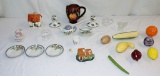 2 Trays Glassware, Ceramic Fruit & More