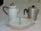 Enamel  & Aluminum Coffee Pots And Pyrex Pink Divided Covered Dish