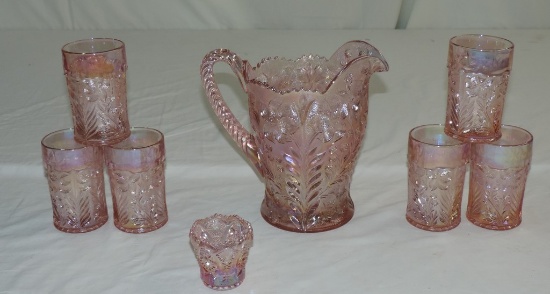 Seven Pieces of Frosted Pink Carnival Imperial Glass Water Set