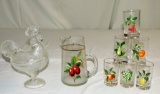 Fruit Juice Glass Pitcher Set And Covered Rooster Dish