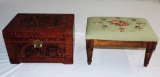 Carved Jewelry Box & Needlepoint Footstool