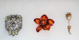 Signed Eisenberg Brooch, Miriam Haskell Stick Pin, and Hatie Carnegie Flower Pin All 3 Signed