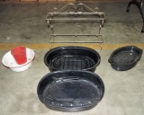 Tray Lot Enamel Roaster & Bowl, Gold Metal Wall Shelf