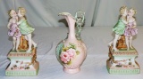 Pair Of Bisque Figurines Of Children Kissing & Hand Painted Ewer