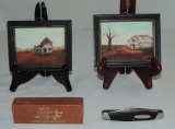 Buck Knife And 2 Miniature Oil Paintings In Frames