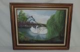 Oil On Canvas Of Swans On Lake