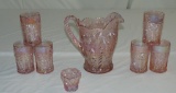 Seven Pieces of Frosted Pink Carnival Imperial Glass Water Set