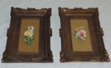 2 Decorative Porcelain. Rose Plaques In Gold Frames