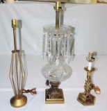3 Pc Brass And Crystal Lamp Lot