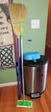 Stainless Steel Trashcan with Insert and (2) Brooms