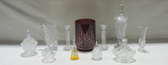 Tray Lot Lead Crystal And Red Cut To Clear Glassware